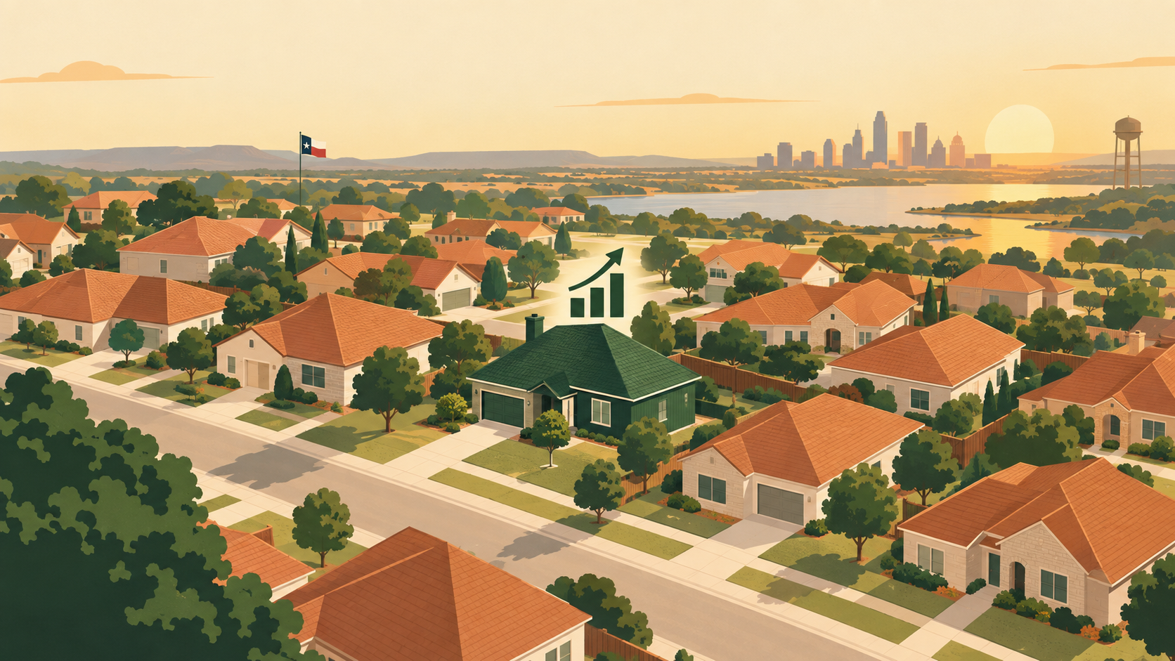 Illustrated aerial view of a suburban neighborhood with one house highlighted by a rising savings arrow